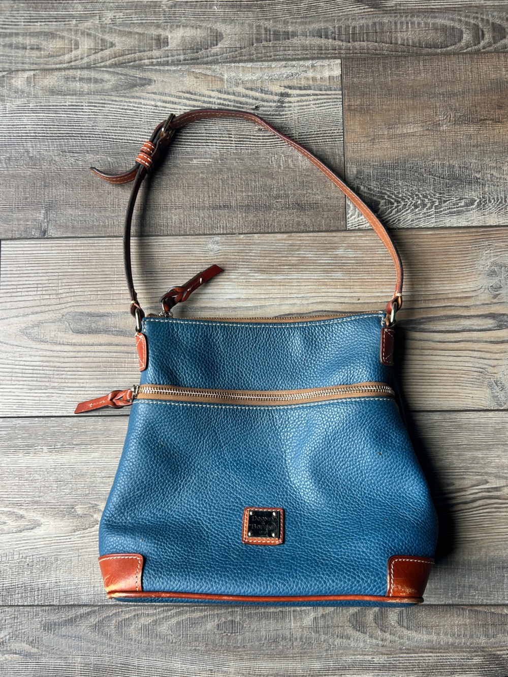 Dooney & Bourke Blue Pebbled Leather Shoulder Bag with Brown Trim